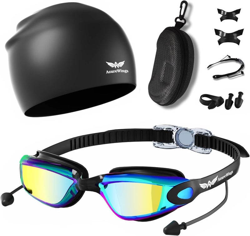 AzureWings 7 in 1 Swim Goggles + Swim Cap for Men Women,No Leak Anti-Fog & UV, Wide Visio HD Mirror PC Lens - Image 1